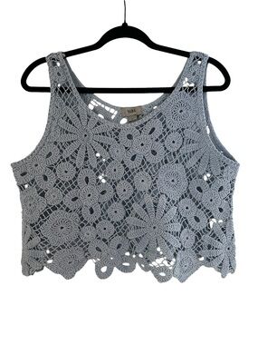 Yaira Baby Blue 100% Cotton Floral Crochet Boho Coastal Casual Tank Top- L